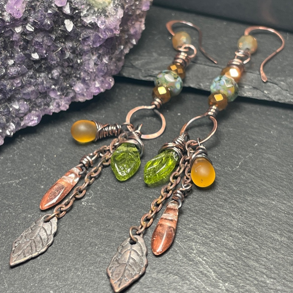 Rustic Copper Leaf Earrings | Woodland Fairycore Jewelry | Artisan - Picture 2 of 15